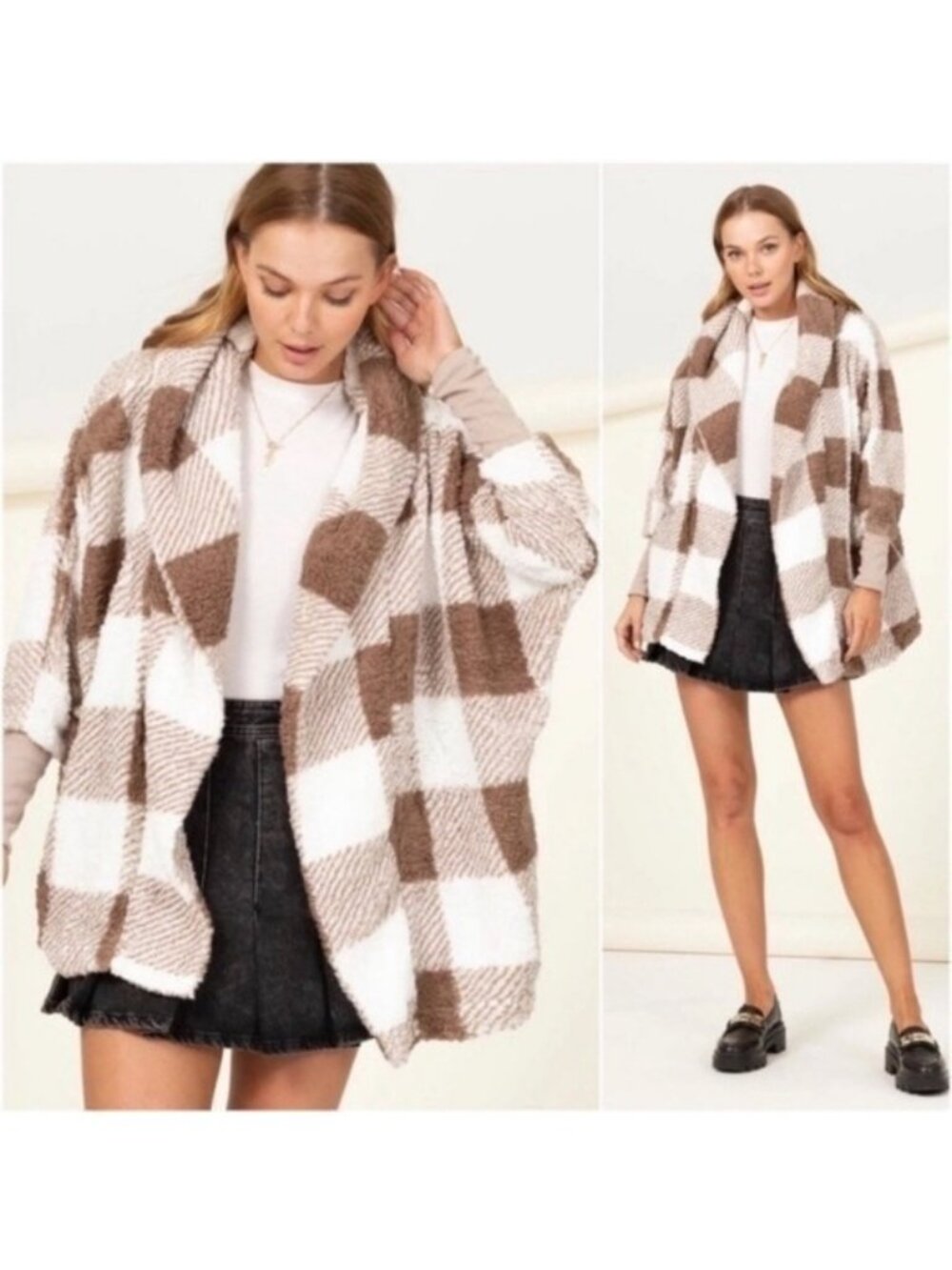Taupe Ivory Plaid Ultra Comfy Teddy Sherpa Open Cardigan Hooded Coat-NEW-MEDIUM